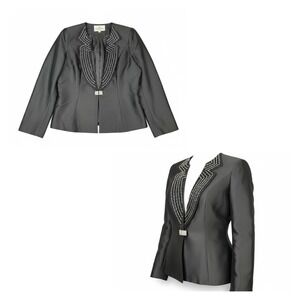 Vintage 90s Anna Rossi Black Hand-Beaded Silk Wool Evening Blazer Jacket Size 16